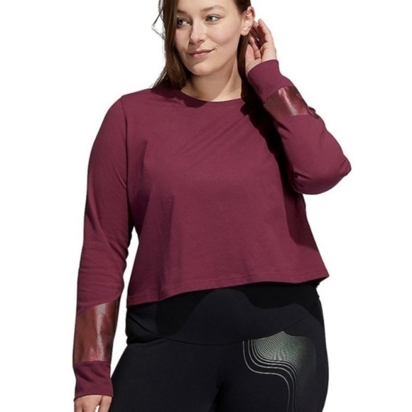 adidas Tops - Adidas Cropped Long Sleeve Graphic Top With Shimmery Design On Sleeves Plus Size